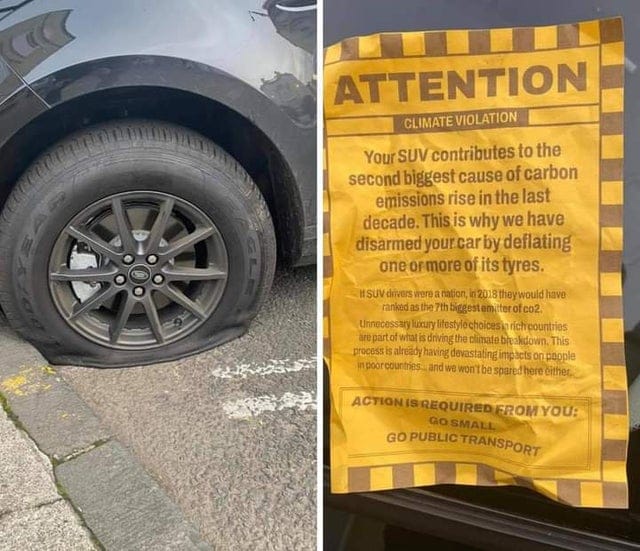 The meme is a humorous image of a car with a flat tire, accompanied by a notice that reads: "Your SUV has been fined £200 for contributing to the second biggest cause of climate change in the last decade. This is why we've taken the liberty of deflating one of your tyres."